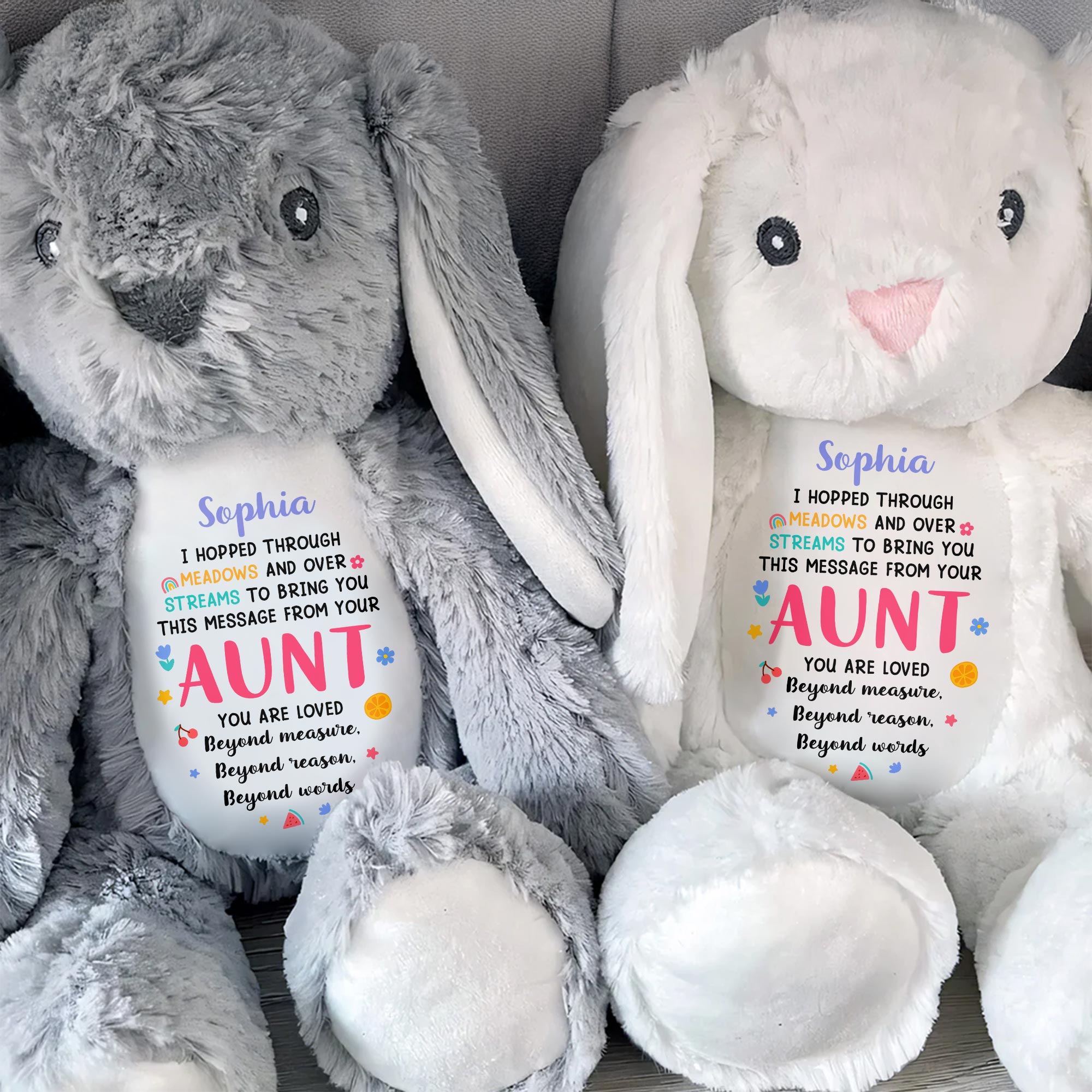 Hopped Through Meadows Message From Aunt, Bunny And Hearts - Personalized Stuffed Bunny - KID511_BUN