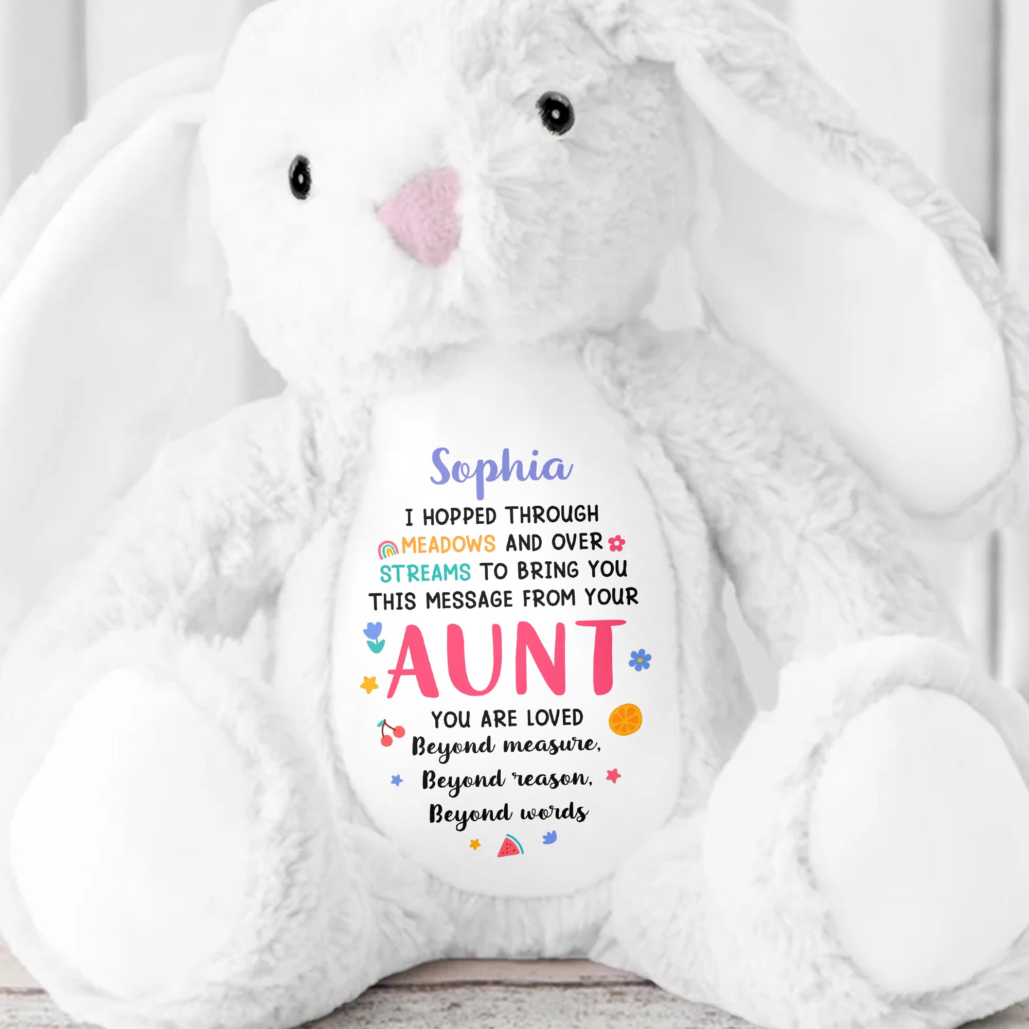 Hopped Through Meadows Message From Aunt, Bunny And Hearts - Personalized Stuffed Bunny - KID511_BUN