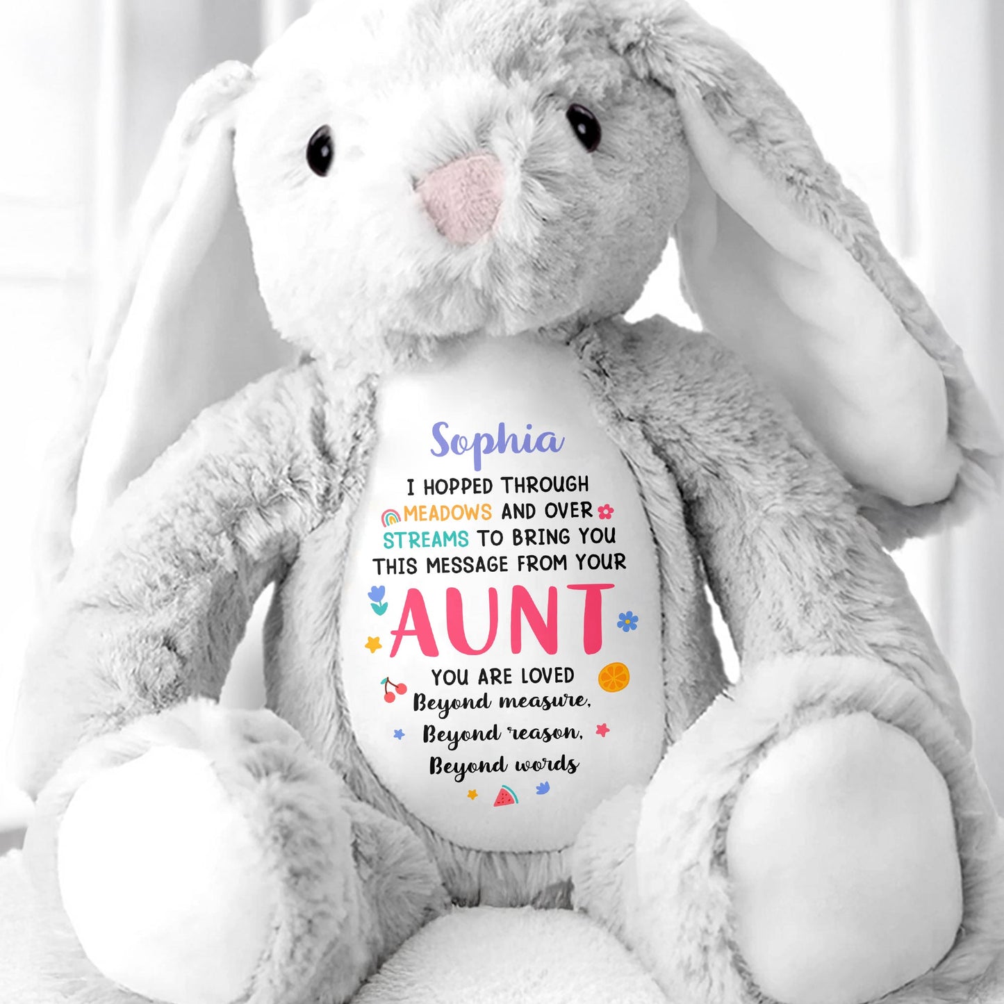 Hopped Through Meadows Message From Aunt, Bunny And Hearts - Personalized Stuffed Bunny - KID511_BUN