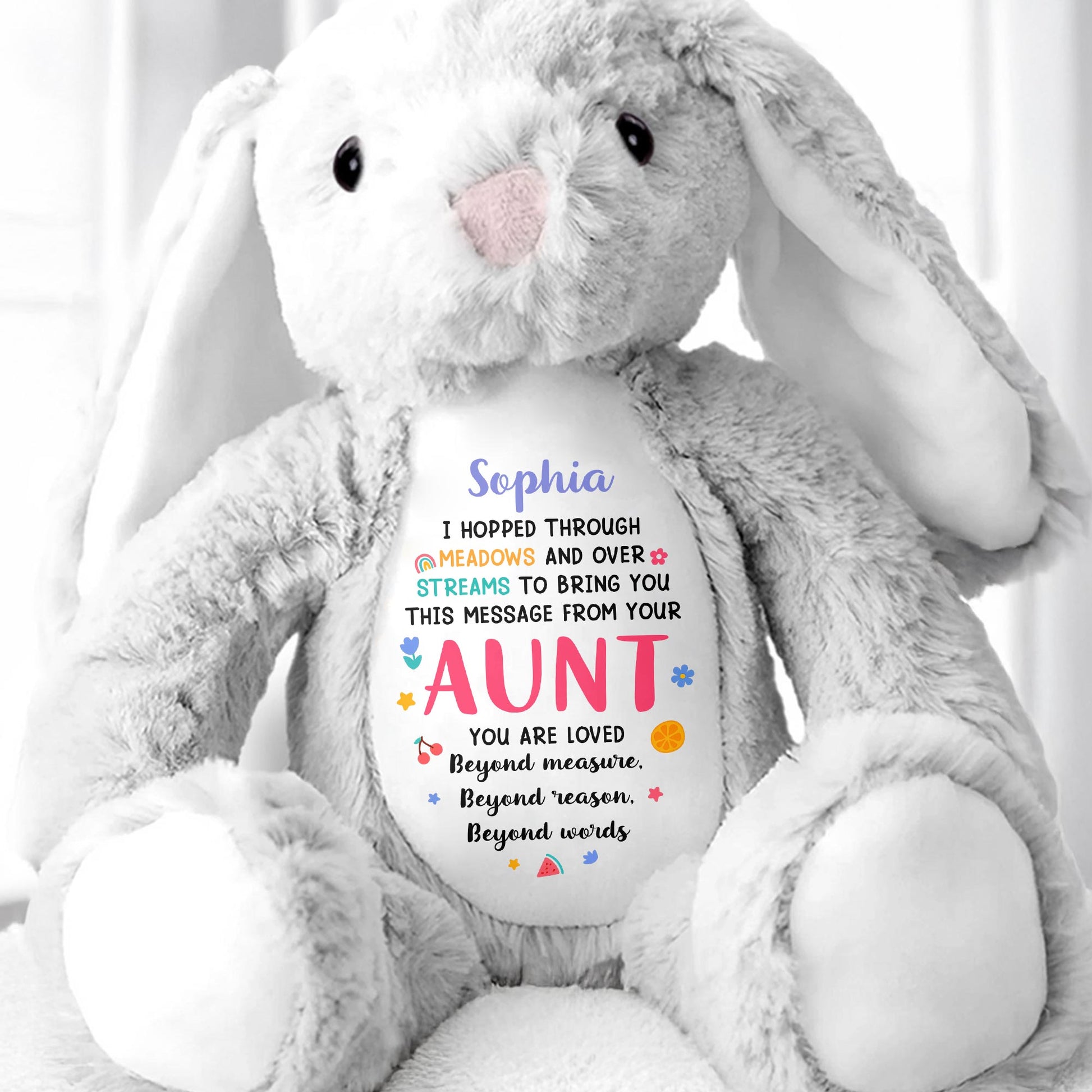 Hopped Through Meadows Message From Aunt, Bunny And Hearts - Personalized Stuffed Bunny - KID511_BUN