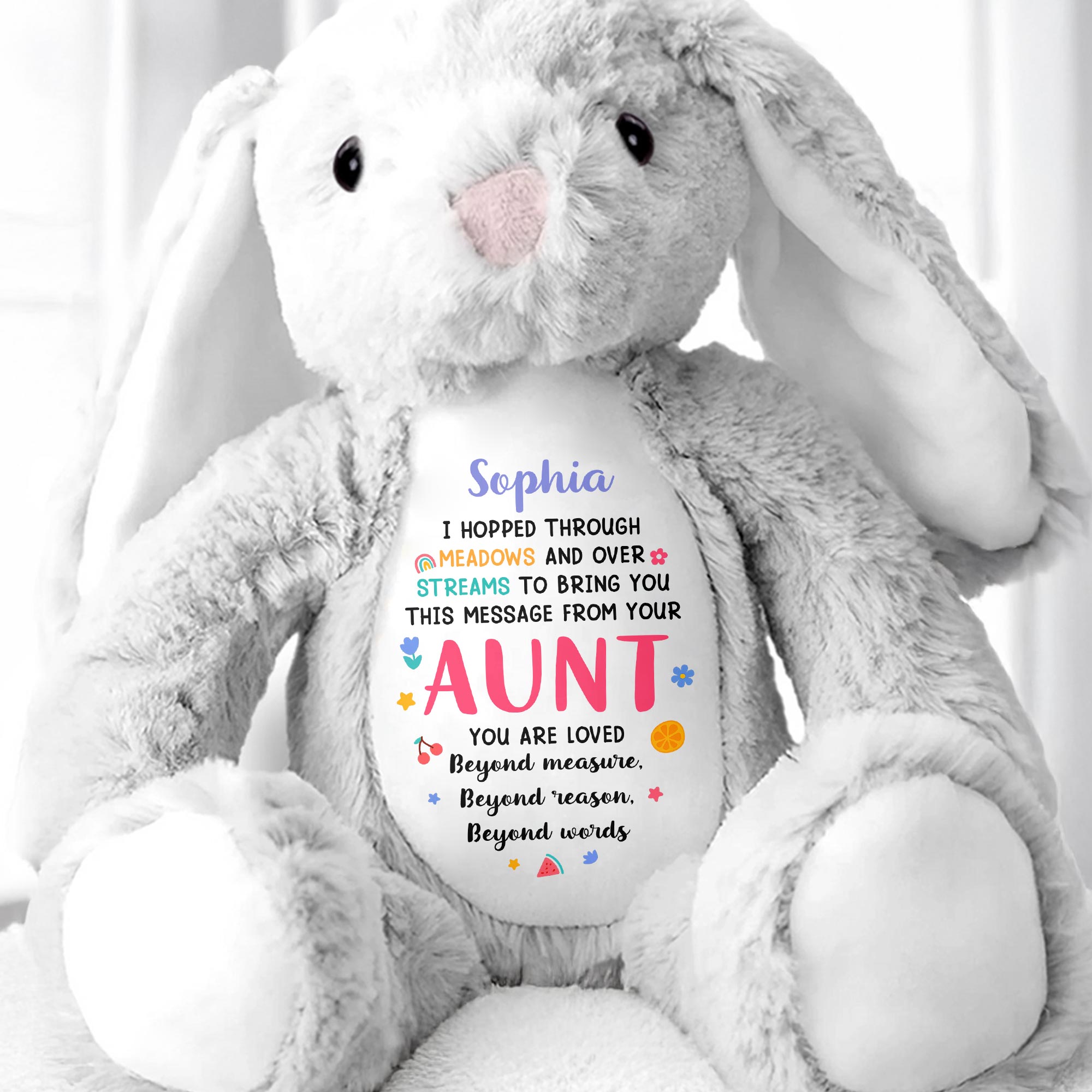 Hopped Through Meadows Message From Aunt, Bunny And Hearts - Personalized Stuffed Bunny - KID511_BUN