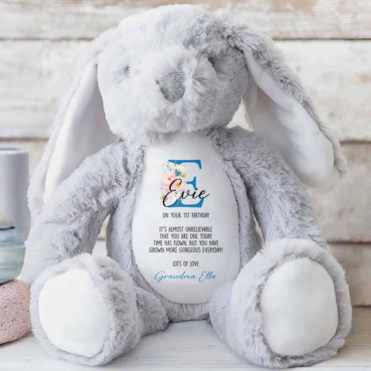 On Your 1st Birthday, Lovely Floral Design - Personalized Stuffed Bunny - KID512_BUN