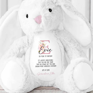 On Your 1st Birthday, Lovely Floral Design - Personalized Stuffed Bunny - KID512_BUN