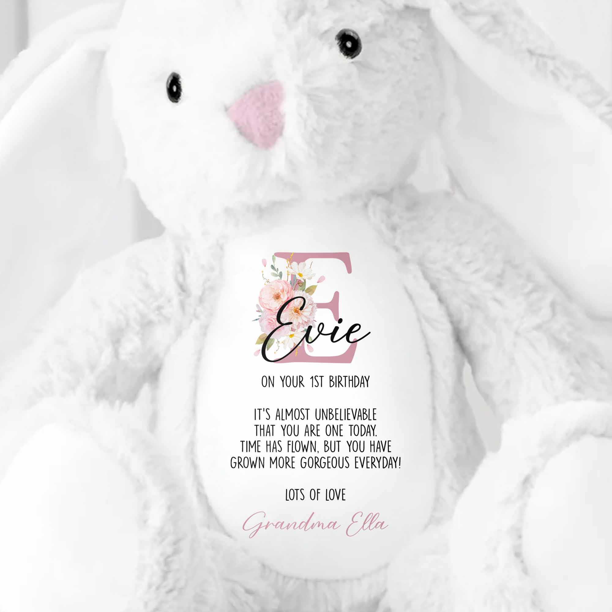 On Your 1st Birthday, Lovely Floral Design - Personalized Stuffed Bunny - KID512_BUN