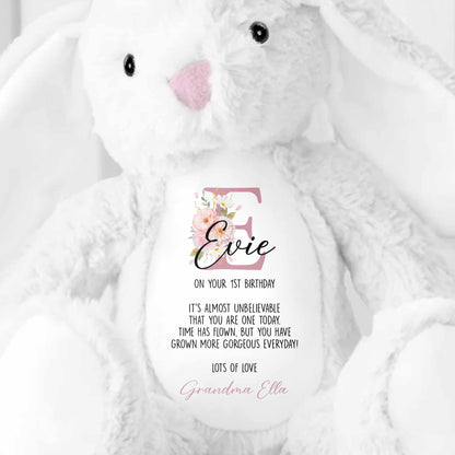 On Your 1st Birthday, Lovely Floral Design - Personalized Stuffed Bunny - KID512_BUN