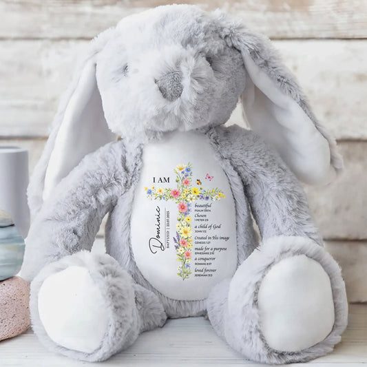 I AM Beautiful Chosen A Child Of God Floral Cross Religious - Personalized Stuffed Bunny - KID534_BUN