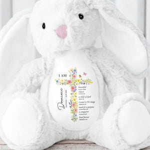 I AM Beautiful Chosen A Child Of God Floral Cross Religious - Personalized Stuffed Bunny - KID534_BUN
