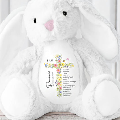 I AM Beautiful Chosen A Child Of God Floral Cross Religious - Personalized Stuffed Bunny - KID534_BUN