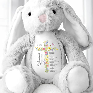 I AM Beautiful Chosen A Child Of God Floral Cross Religious - Personalized Stuffed Bunny - KID534_BUN