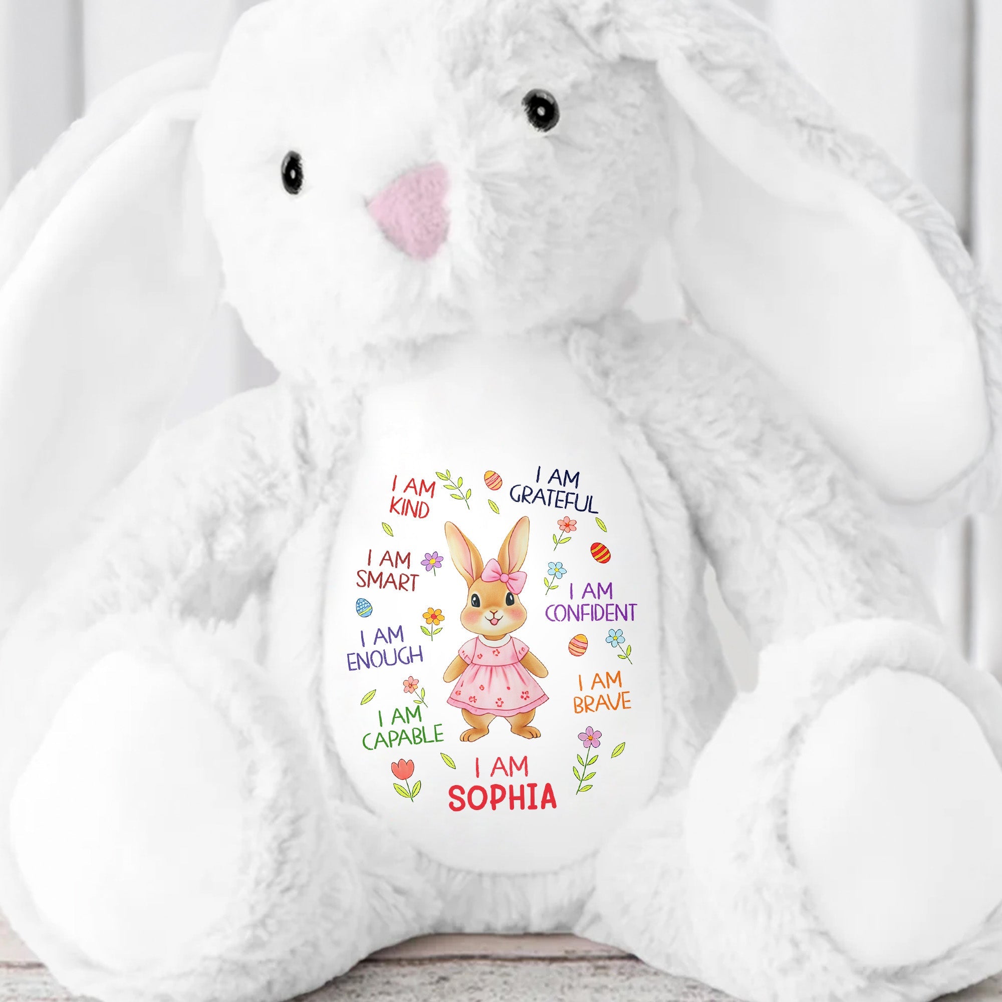 I Am Kind Smart Enough Capable Brave Bunny With Flowers - Personalized Stuffed Bunny - KID536_BUN