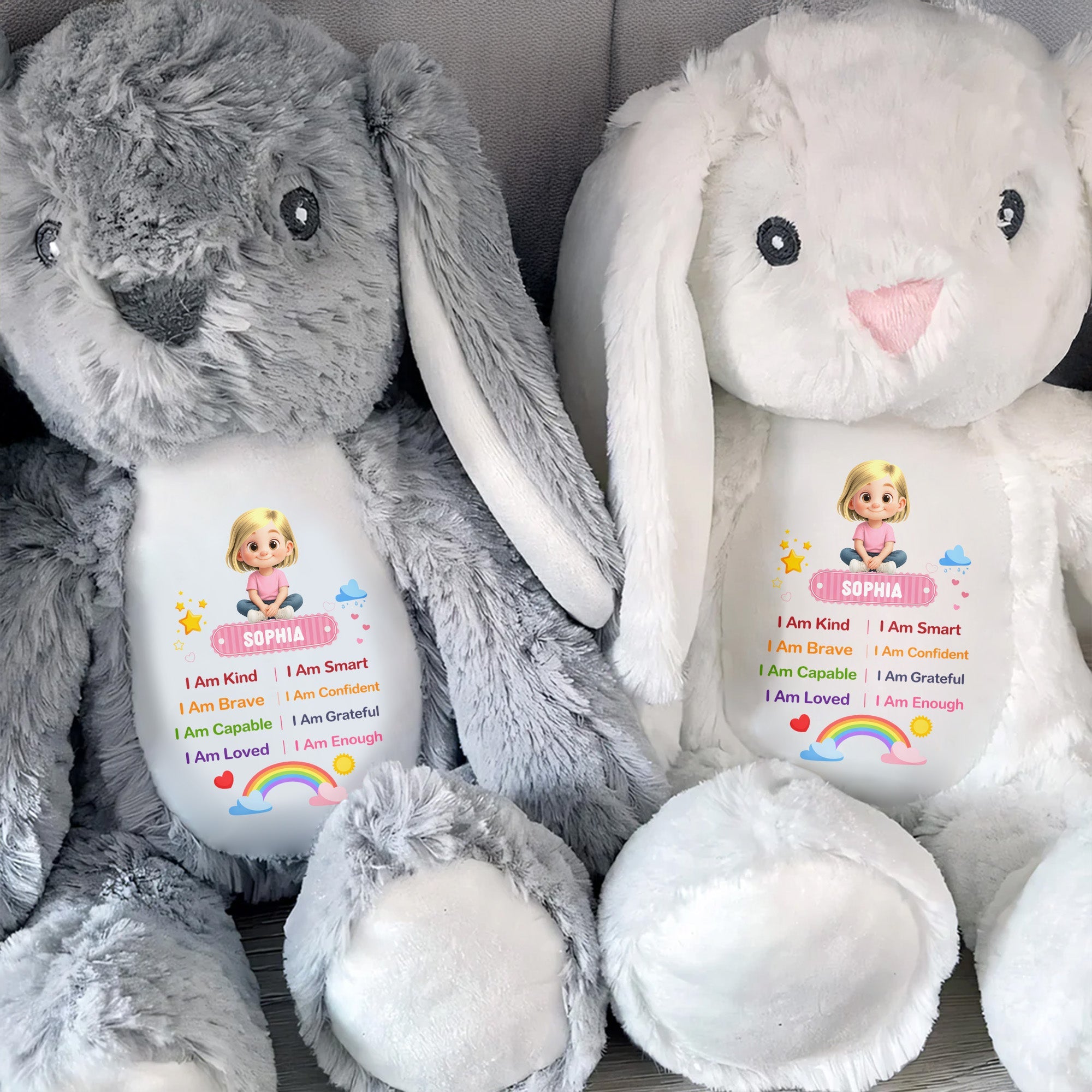 I Am Kind Positive Affirmations Rainbow Girl Personalized Stuffed Bunny - Personalized Stuffed Bunny - KID538_BUN