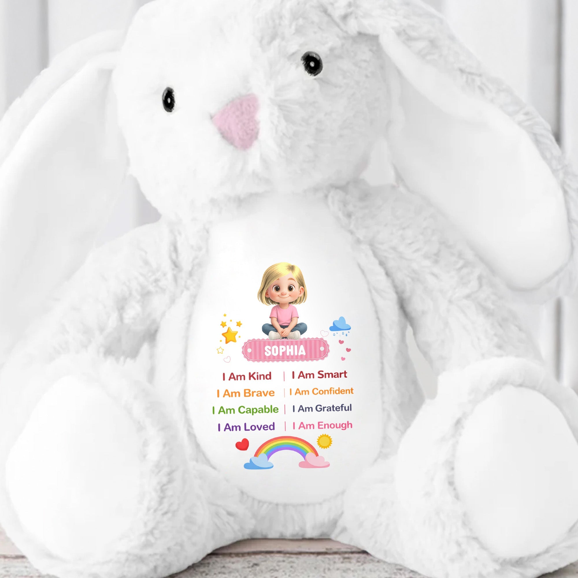 I Am Kind Positive Affirmations Rainbow Girl Personalized Stuffed Bunny - Personalized Stuffed Bunny - KID538_BUN
