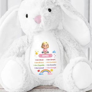 I Am Kind Positive Affirmations Rainbow Girl Personalized Stuffed Bunny - Personalized Stuffed Bunny - KID538_BUN