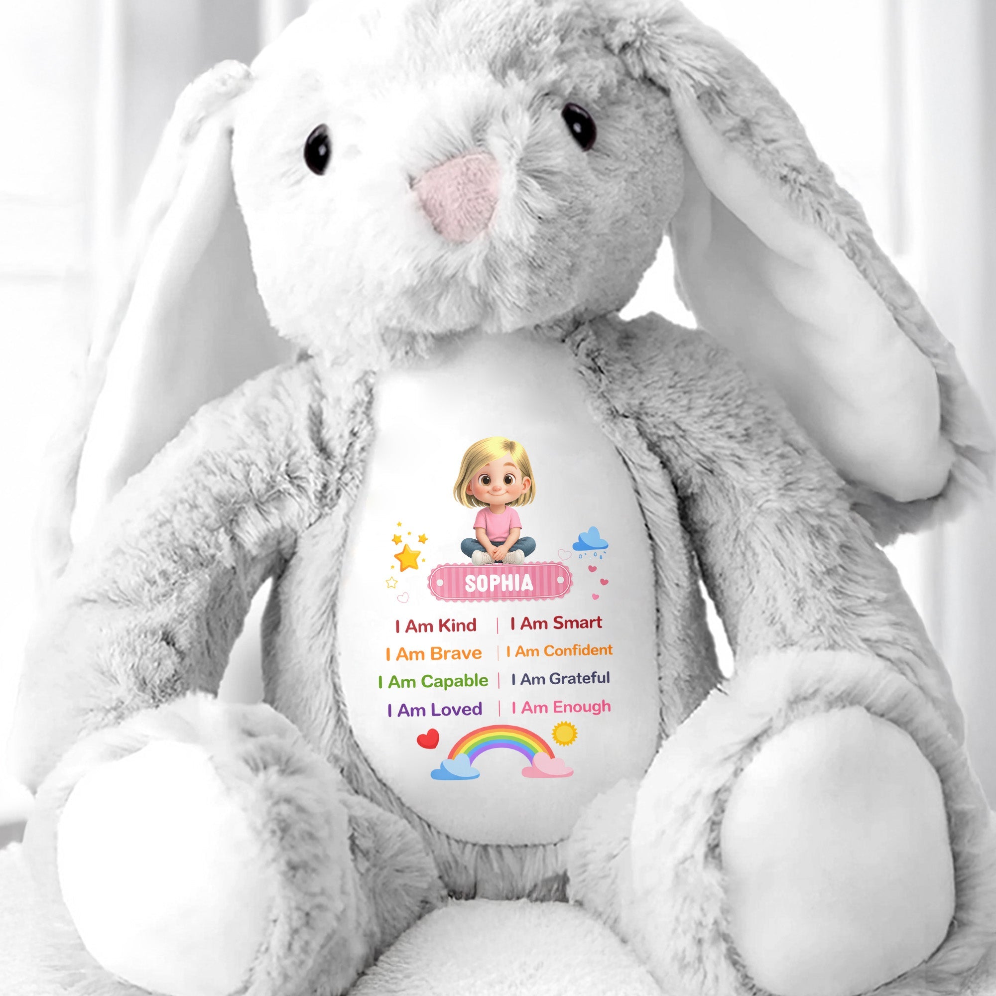 I Am Kind Positive Affirmations Rainbow Girl Personalized Stuffed Bunny - Personalized Stuffed Bunny - KID538_BUN