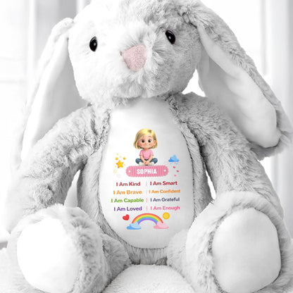 I Am Kind Positive Affirmations Rainbow Girl Personalized Stuffed Bunny - Personalized Stuffed Bunny - KID538_BUN