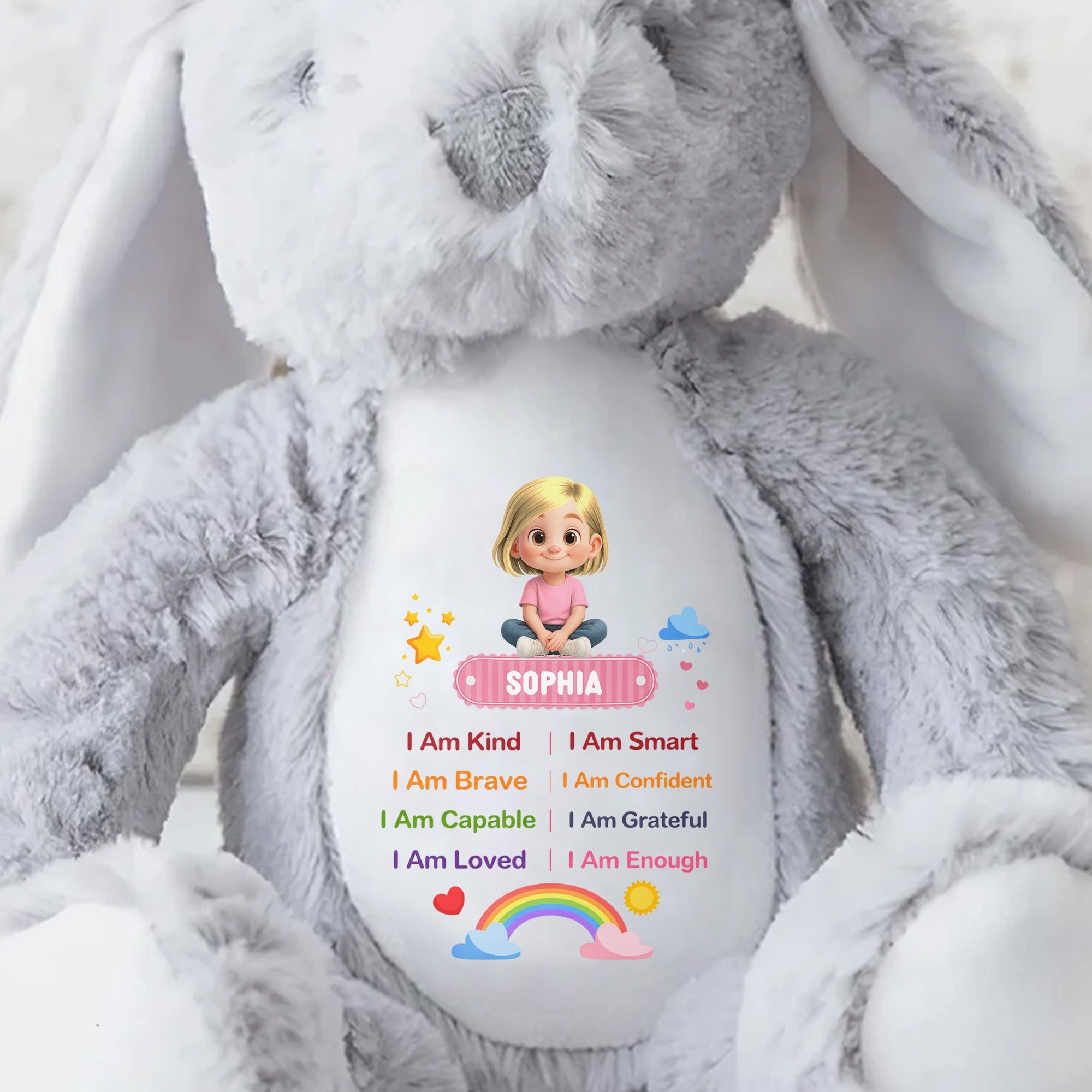 I Am Kind Positive Affirmations Rainbow Girl Personalized Stuffed Bunny - Personalized Stuffed Bunny - KID538_BUN