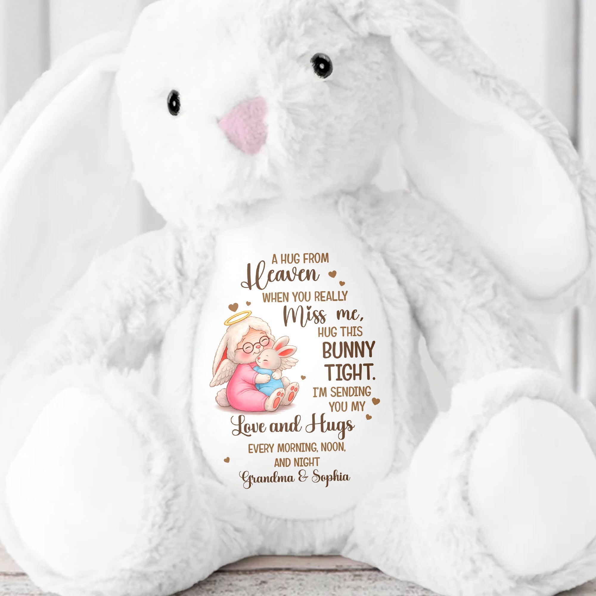 A Hug From Heaven Memorial Angel Bunny With Hearts - Personalized Stuffed Bunny - KID539_BUN