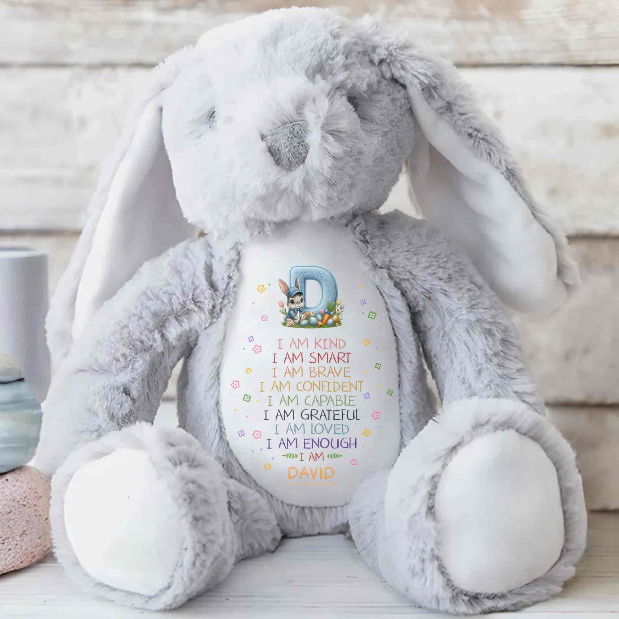 I Am Kind Smart Brave Affirmations With Initial Rabbit And Flowers - Personalized Stuffed Bunny - KID548_BUN
