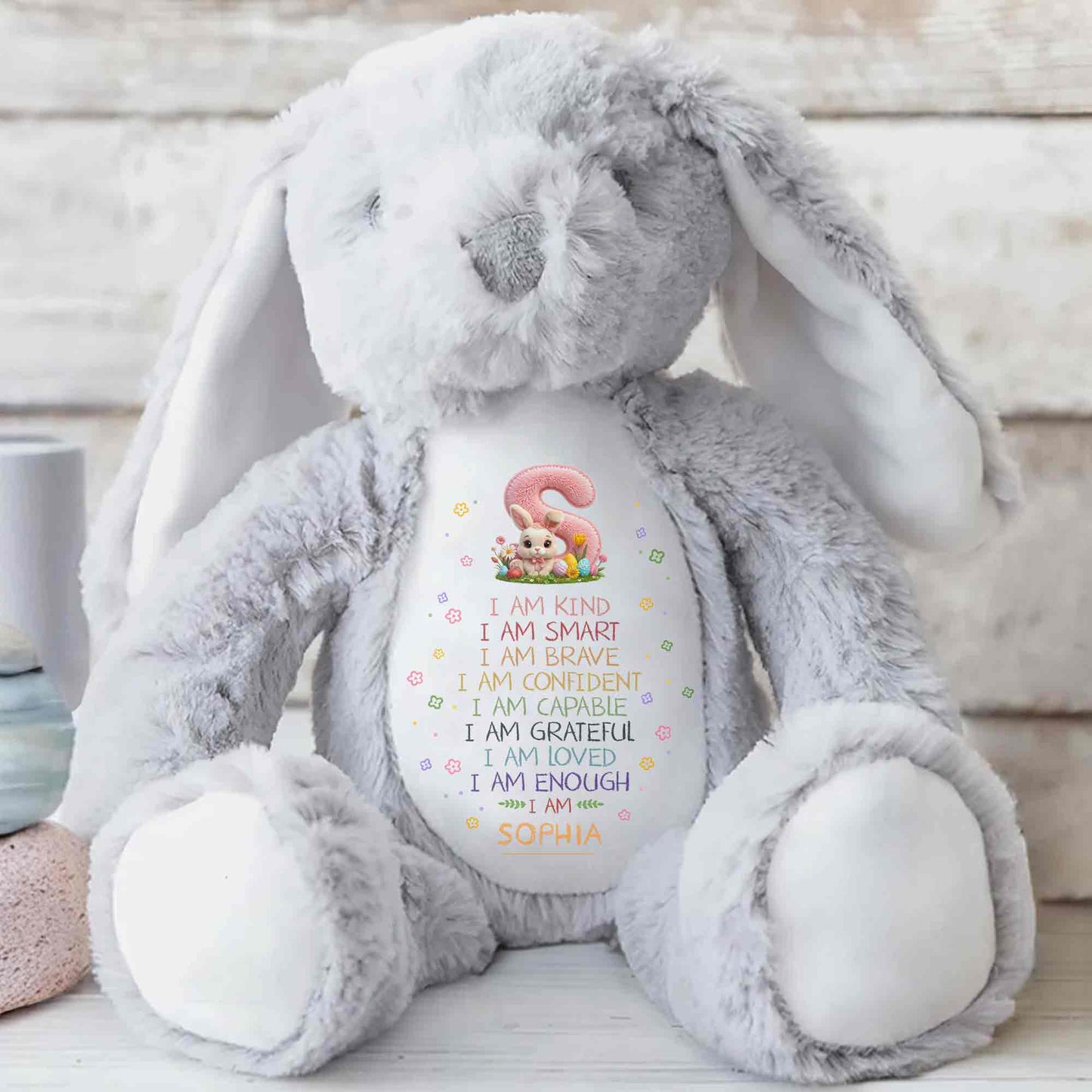 I Am Kind Smart Brave Affirmations With Initial Rabbit And Flowers - Personalized Stuffed Bunny - KID548_BUN