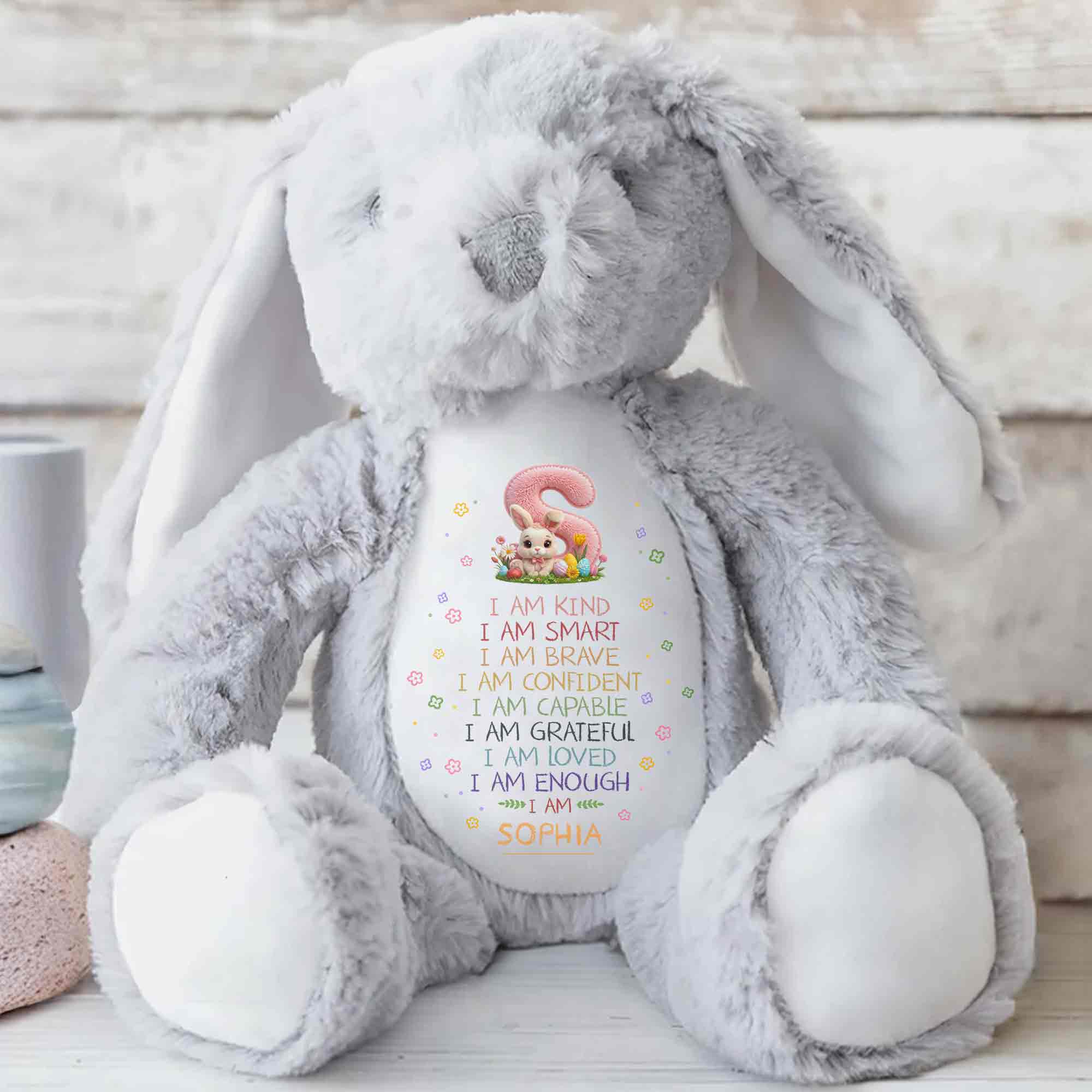 I Am Kind Smart Brave Affirmations With Initial Rabbit And Flowers - Personalized Stuffed Bunny - KID548_BUN