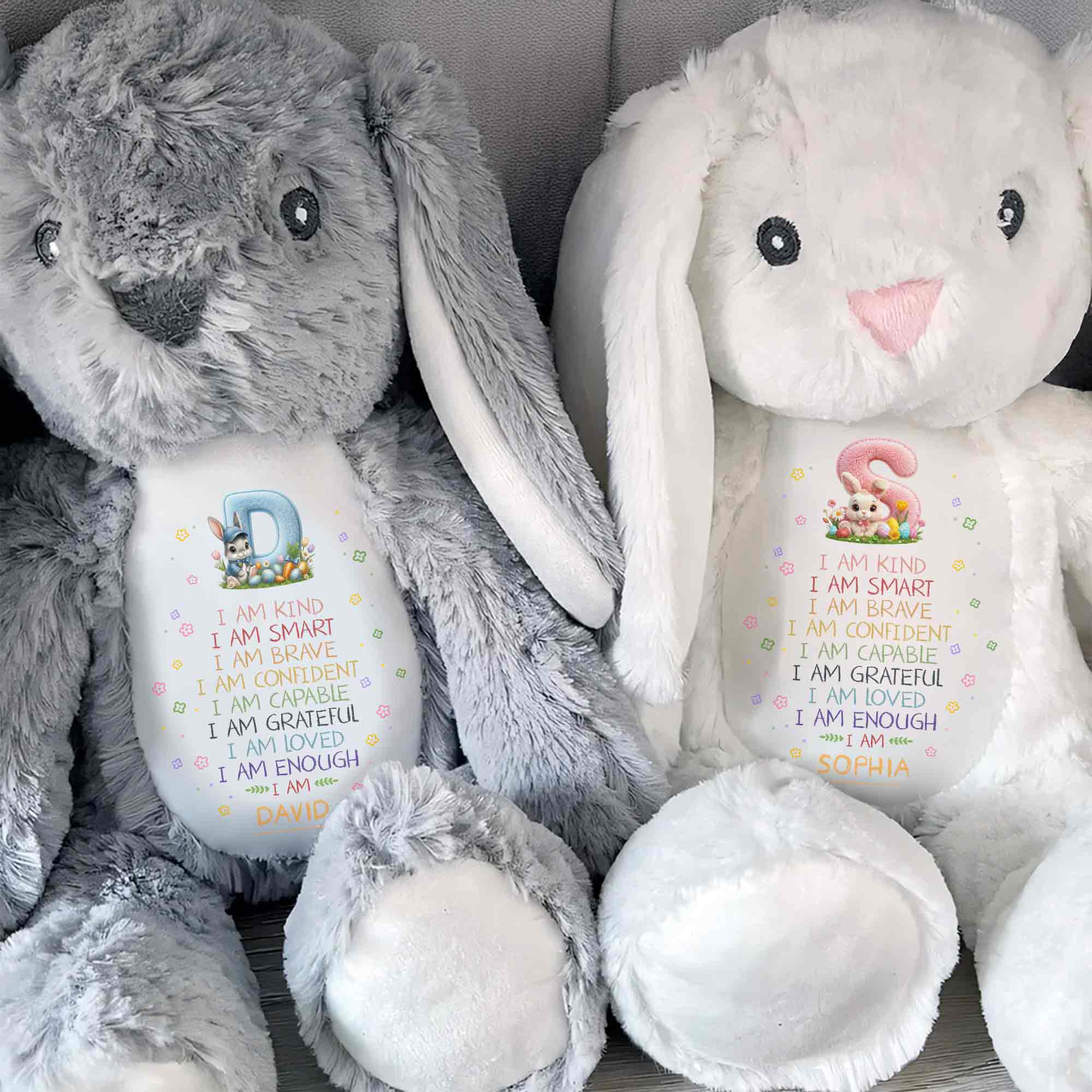 I Am Kind Smart Brave Affirmations With Initial Rabbit And Flowers - Personalized Stuffed Bunny - KID548_BUN
