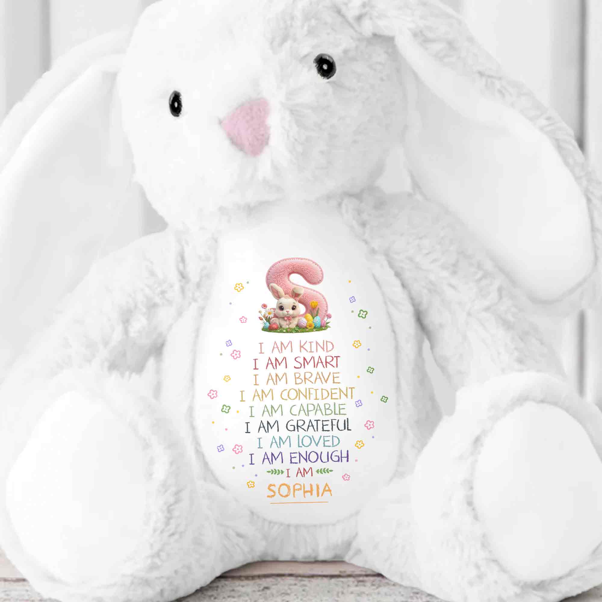 I Am Kind Smart Brave Affirmations With Initial Rabbit And Flowers - Personalized Stuffed Bunny - KID548_BUN