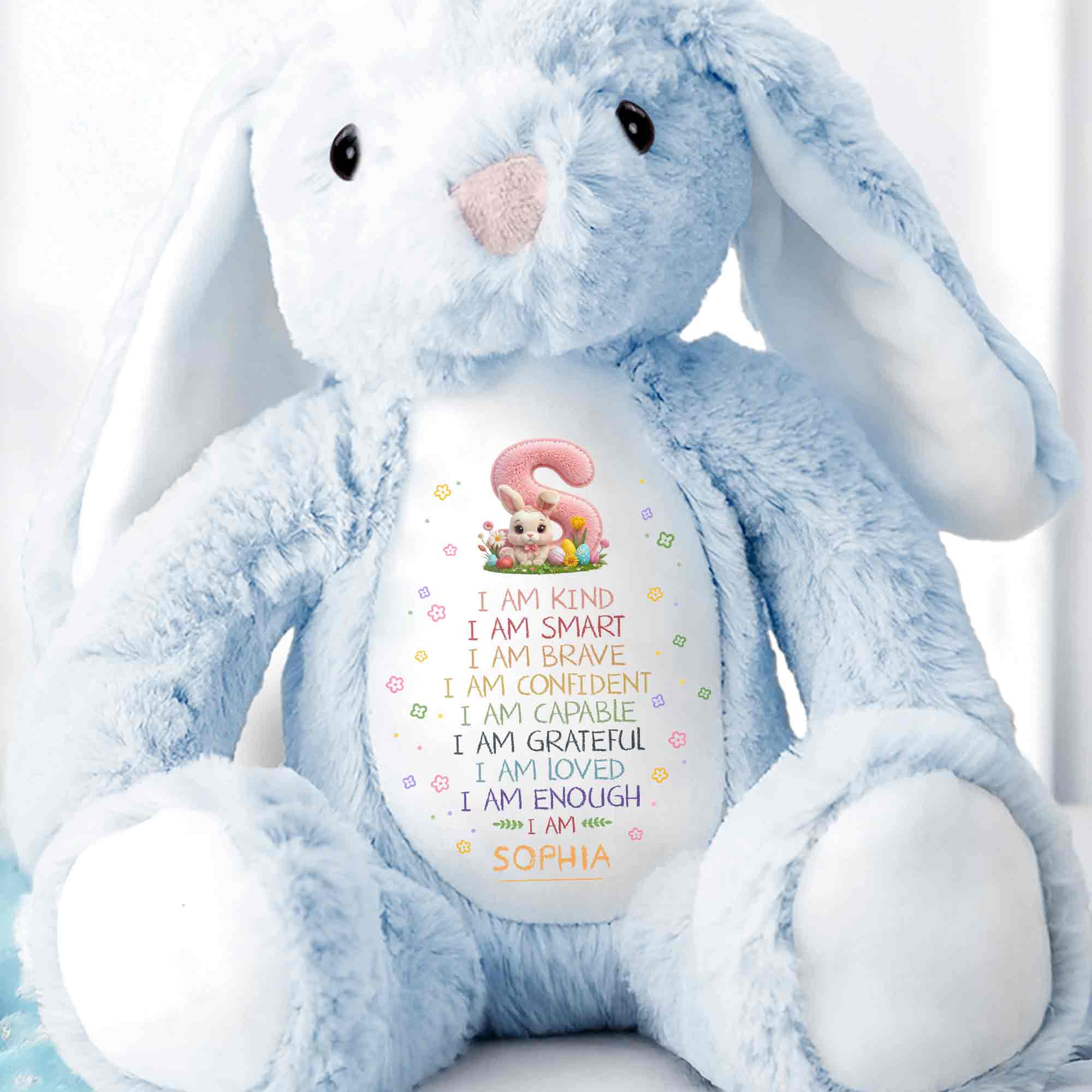 I Am Kind Smart Brave Affirmations With Initial Rabbit And Flowers - Personalized Stuffed Bunny - KID548_BUN