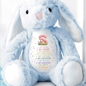 I Am Kind Smart Brave Affirmations With Initial Rabbit And Flowers - Personalized Stuffed Bunny - KID548_BUN
