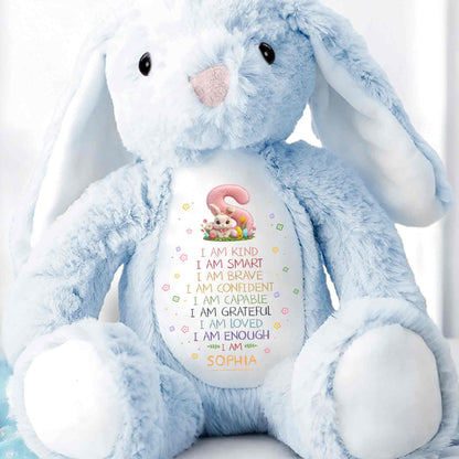 I Am Kind Smart Brave Affirmations With Initial Rabbit And Flowers - Personalized Stuffed Bunny - KID548_BUN