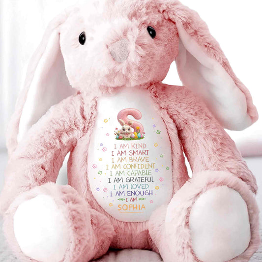 I Am Kind Smart Brave Affirmations With Initial Rabbit And Flowers - Personalized Stuffed Bunny - KID548_BUN