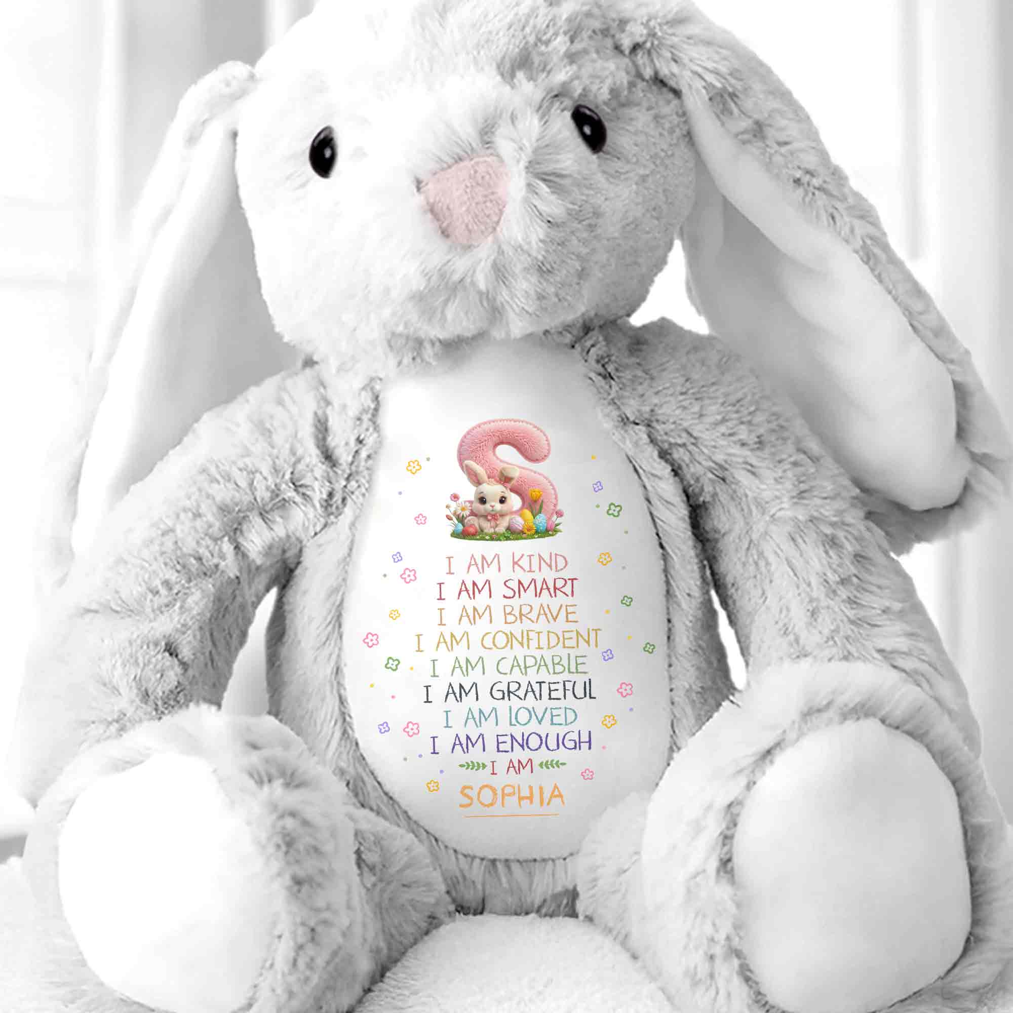I Am Kind Smart Brave Affirmations With Initial Rabbit And Flowers - Personalized Stuffed Bunny - KID548_BUN