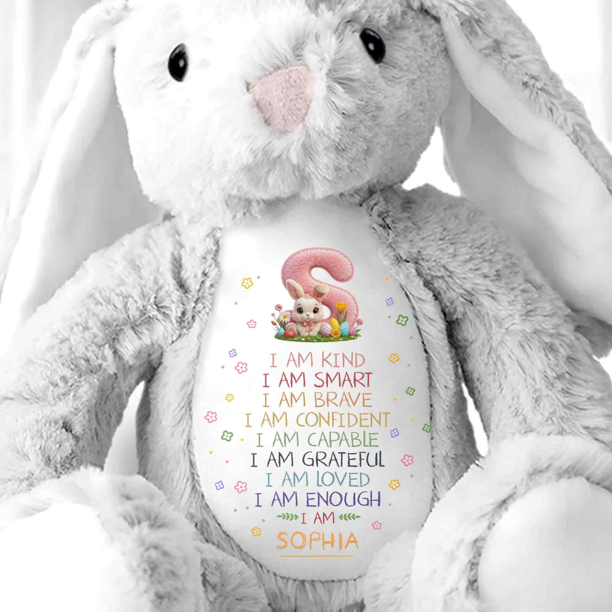 I Am Kind Smart Brave Affirmations With Initial Rabbit And Flowers - Personalized Stuffed Bunny - KID548_BUN