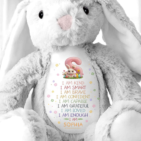 I Am Kind Smart Brave Affirmations With Initial Rabbit And Flowers - Personalized Stuffed Bunny - KID548_BUN