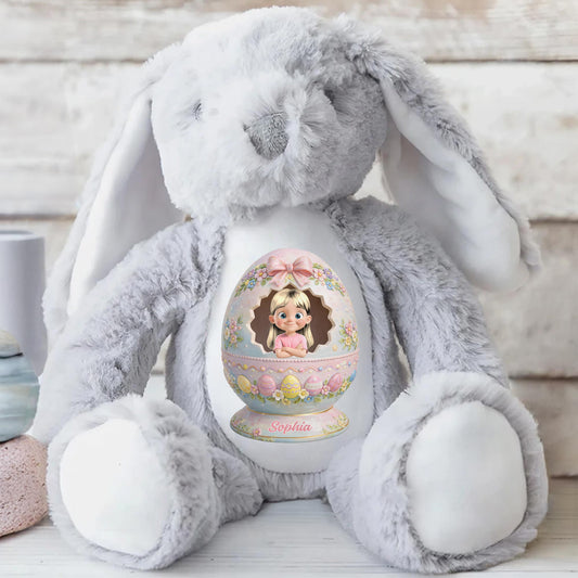 Cute Little Girl Inside Floral Easter Egg Design Bunny - Personalized Stuffed Bunny - KID557_BUN
