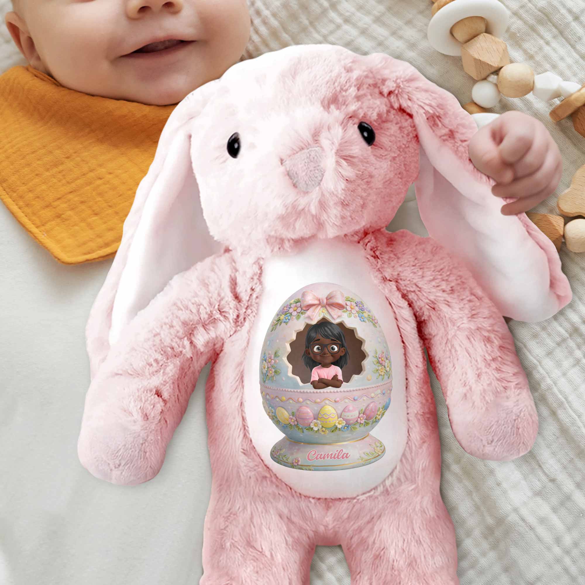 Cute Little Girl Inside Floral Easter Egg Design Bunny - Personalized Stuffed Bunny - KID557_BUN