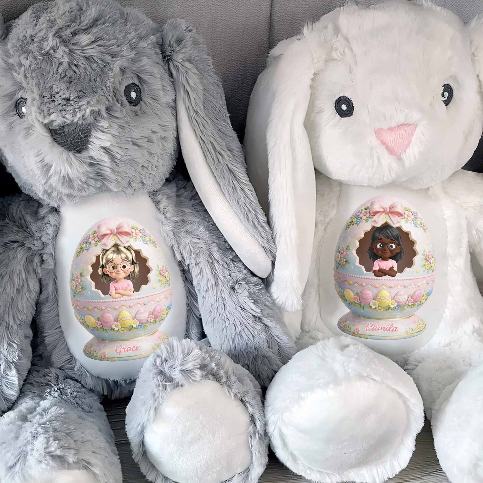 Cute Little Girl Inside Floral Easter Egg Design Bunny - Personalized Stuffed Bunny - KID557_BUN