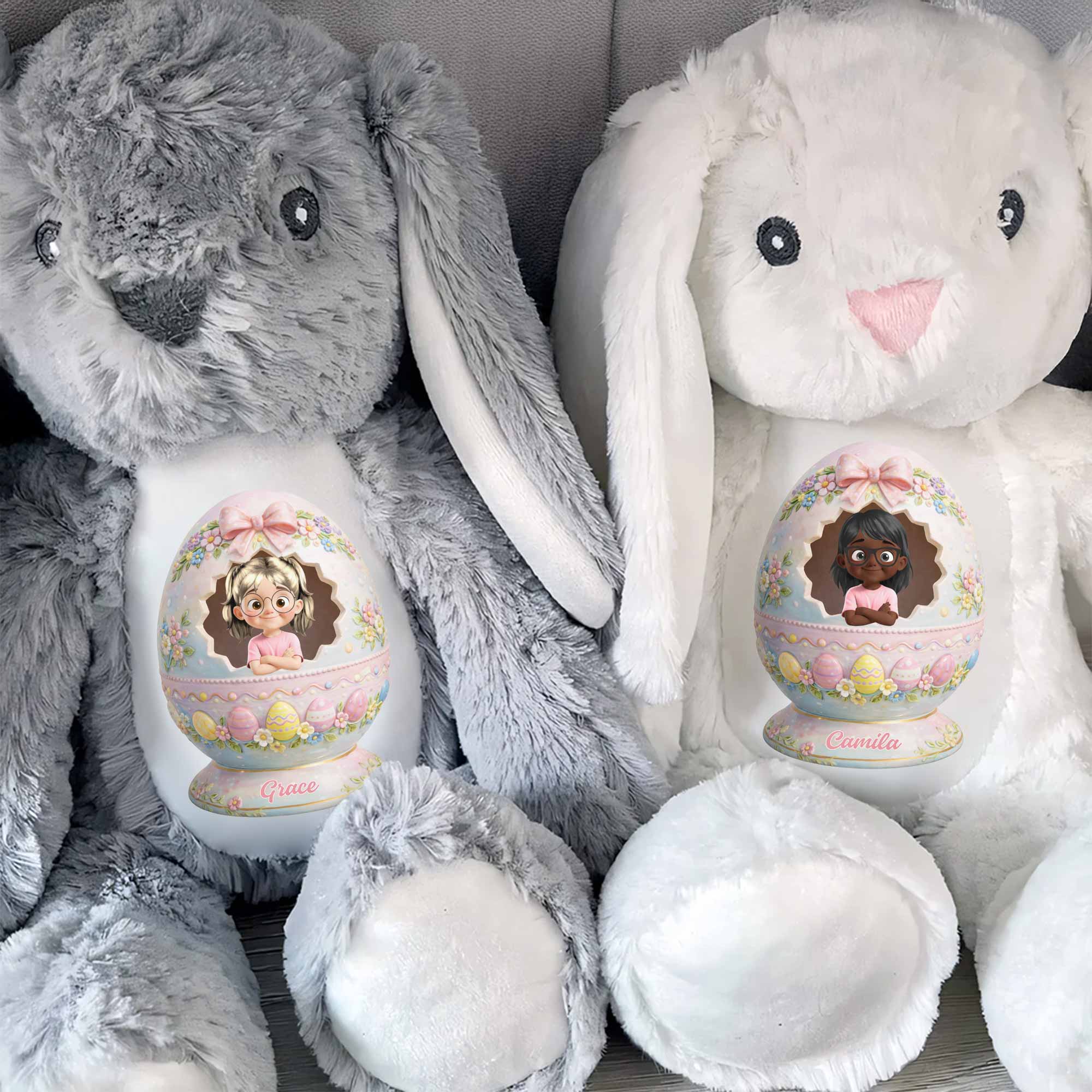 Cute Little Girl Inside Floral Easter Egg Design Bunny - Personalized Stuffed Bunny - KID557_BUN