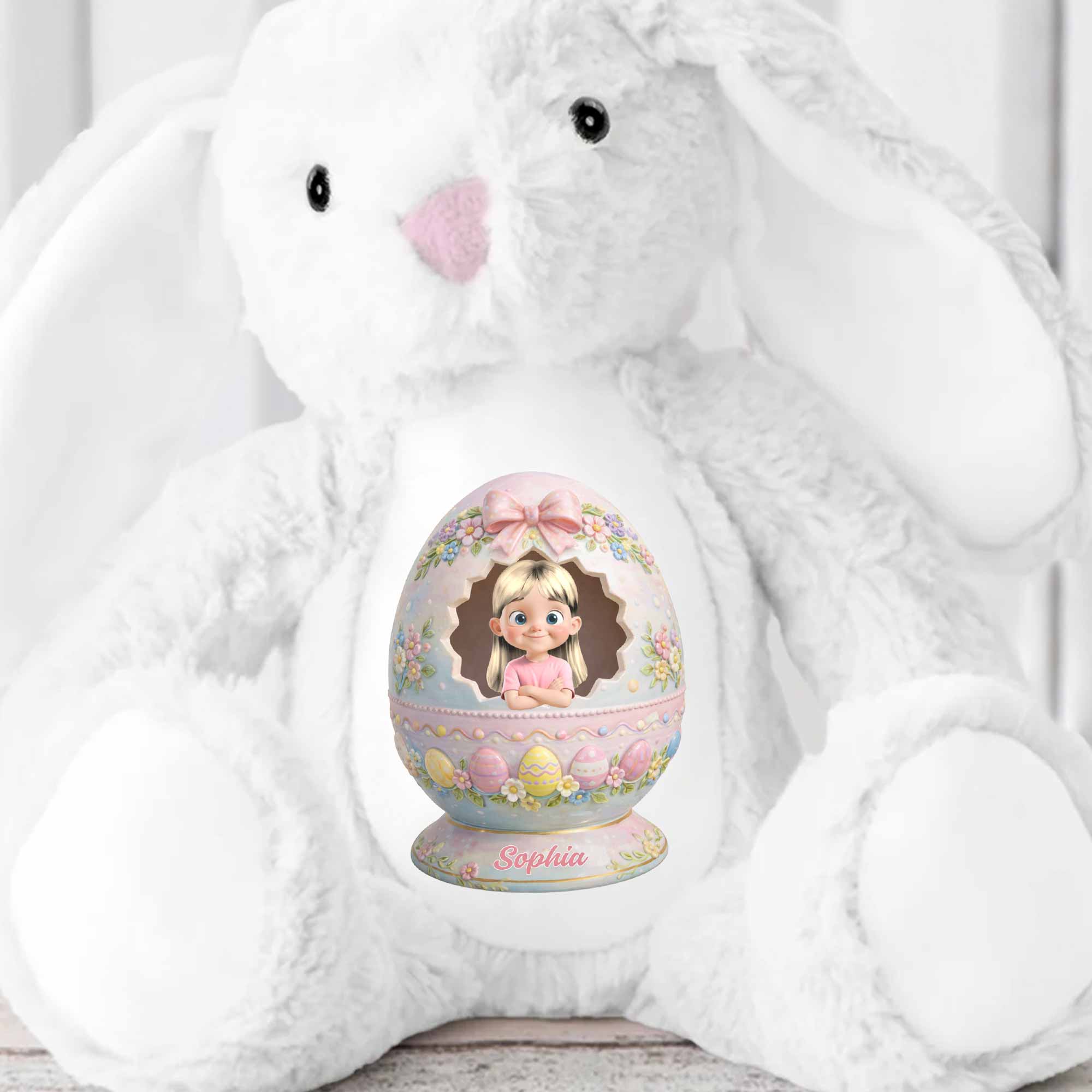 Cute Little Girl Inside Floral Easter Egg Design Bunny - Personalized Stuffed Bunny - KID557_BUN