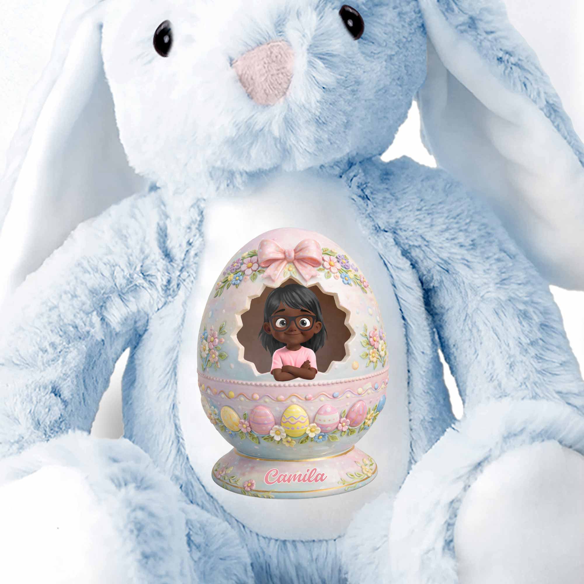 Cute Little Girl Inside Floral Easter Egg Design Bunny - Personalized Stuffed Bunny - KID557_BUN