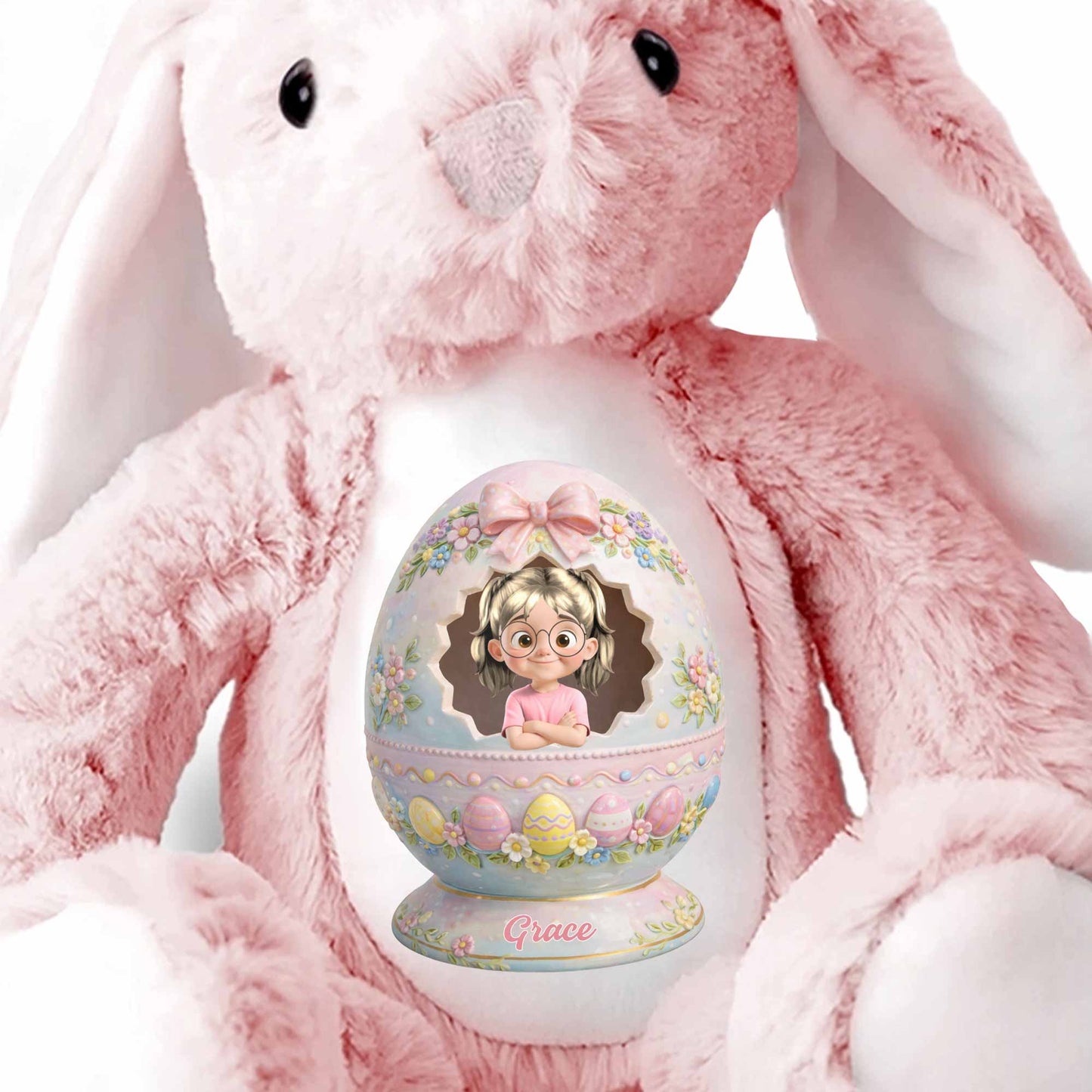 Cute Little Girl Inside Floral Easter Egg Design Bunny - Personalized Stuffed Bunny - KID557_BUN