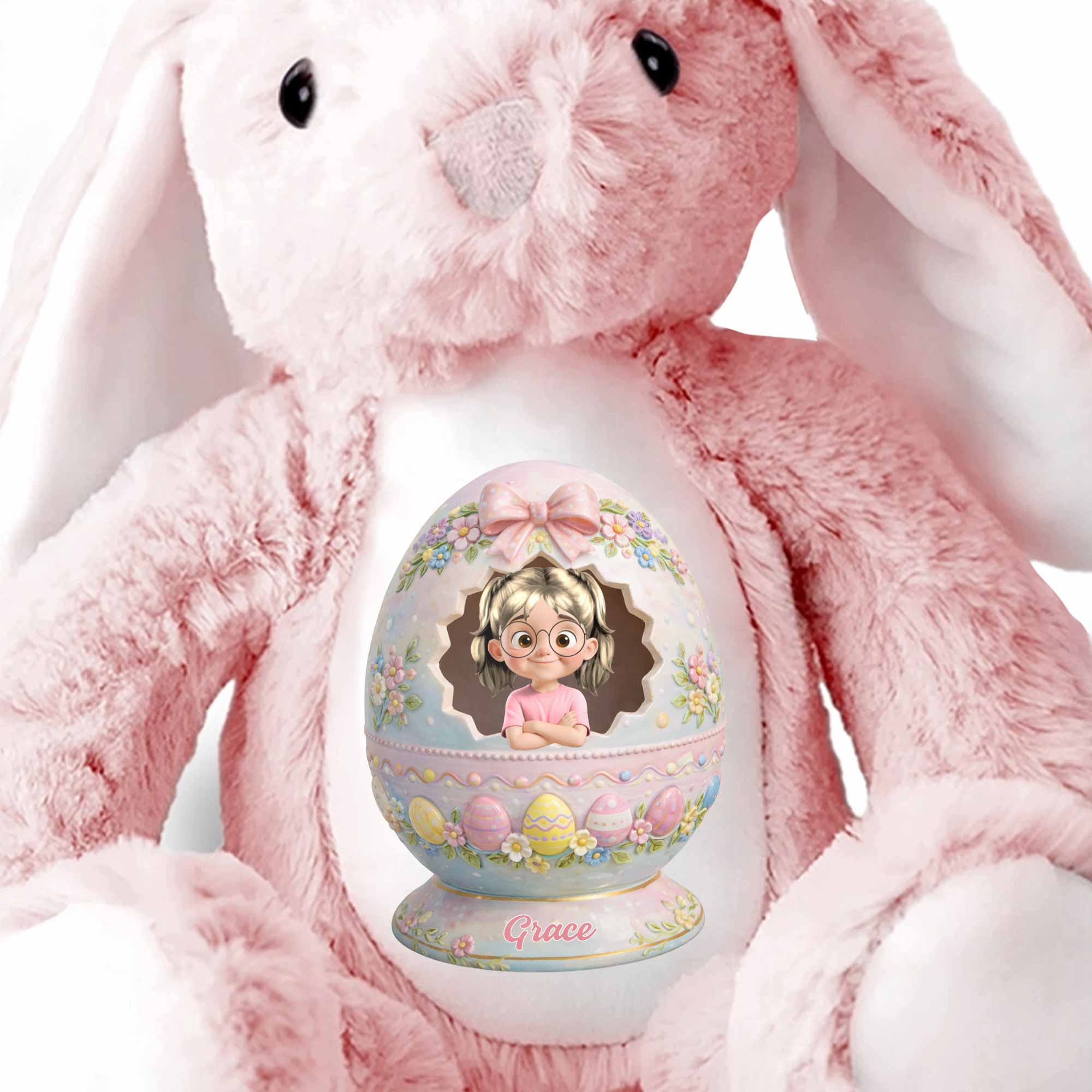 Cute Little Girl Inside Floral Easter Egg Design Bunny - Personalized Stuffed Bunny - KID557_BUN