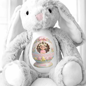 Cute Little Girl Inside Floral Easter Egg Design Bunny - Personalized Stuffed Bunny - KID557_BUN