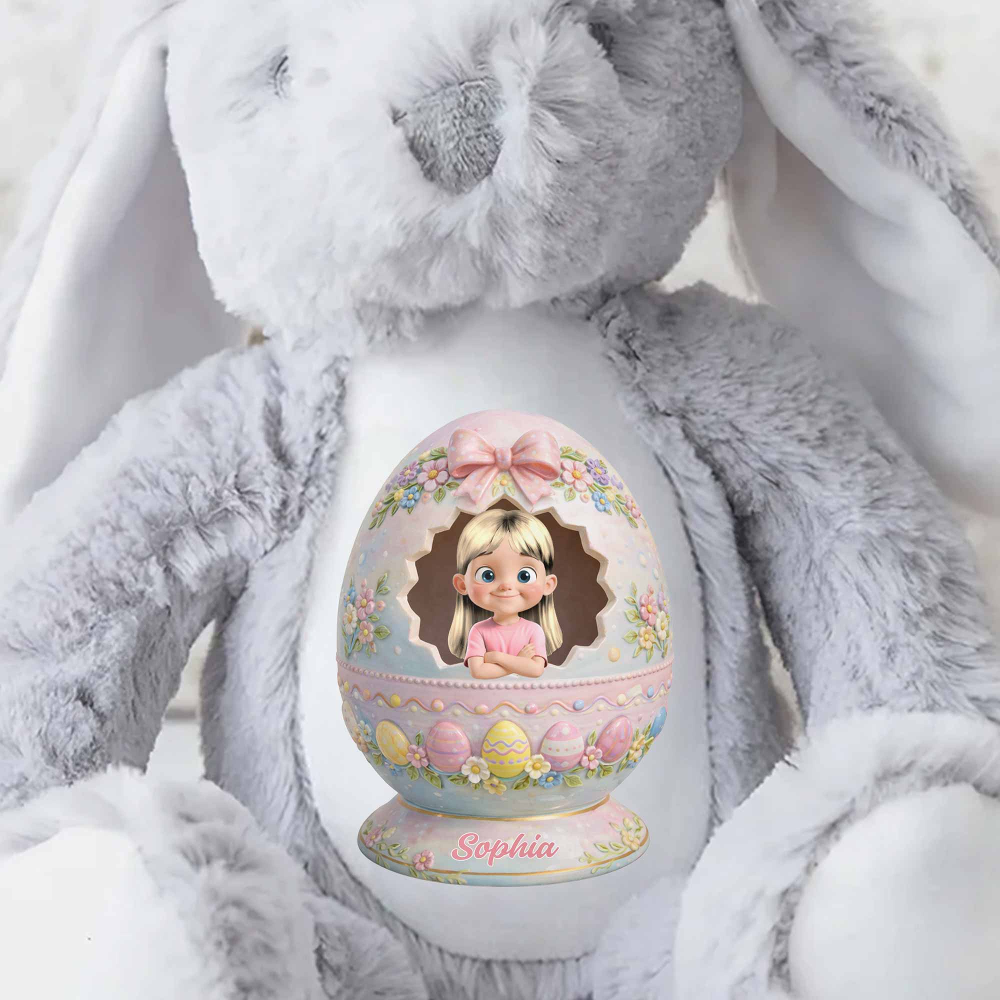 Cute Little Girl Inside Floral Easter Egg Design Bunny - Personalized Stuffed Bunny - KID557_BUN