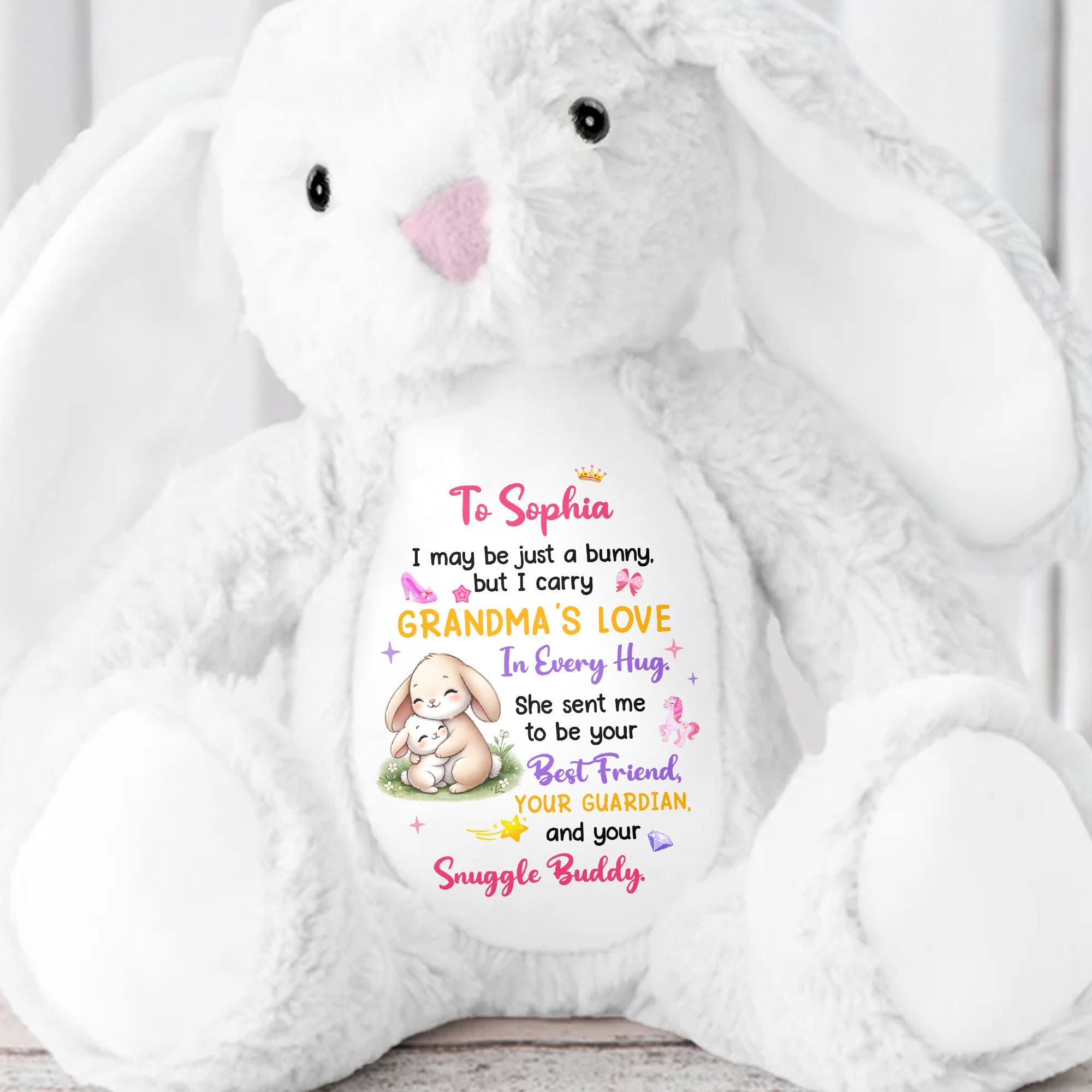 Grandma's Love In Every Hug Personalized Bunny With Stars And Toys - Personalized Stuffed Bunny - KID577_BUN