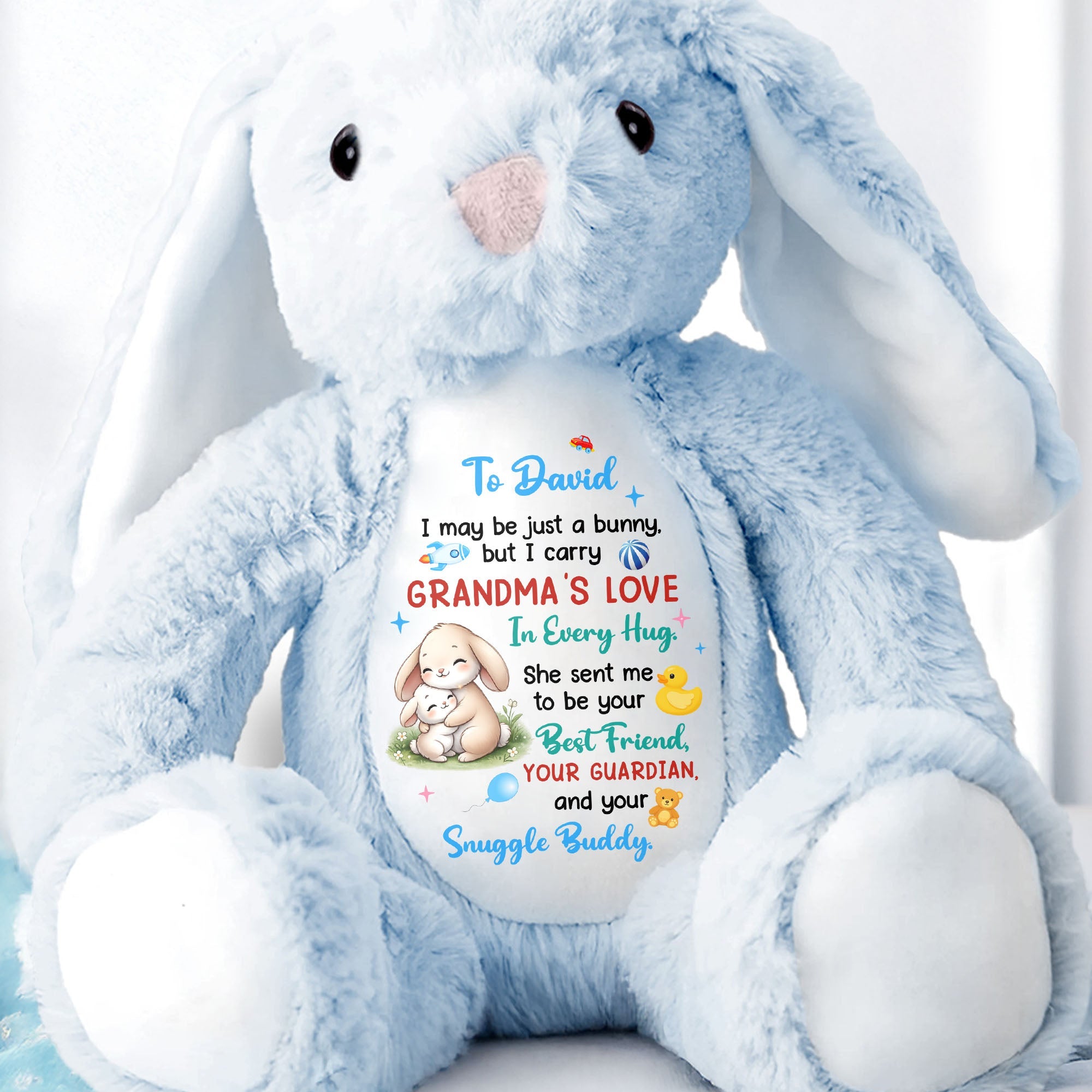 Grandma's Love In Every Hug Personalized Bunny With Stars And Toys - Personalized Stuffed Bunny - KID577_BUN