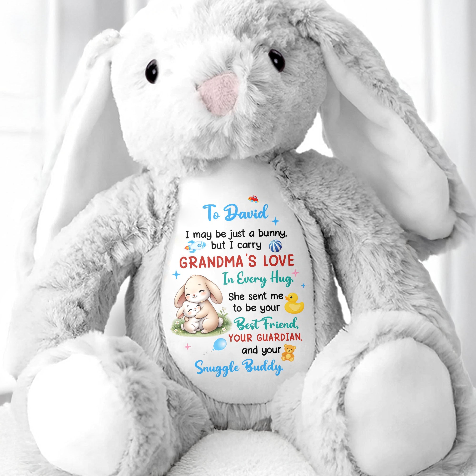 Grandma's Love In Every Hug Personalized Bunny With Stars And Toys - Personalized Stuffed Bunny - KID577_BUN
