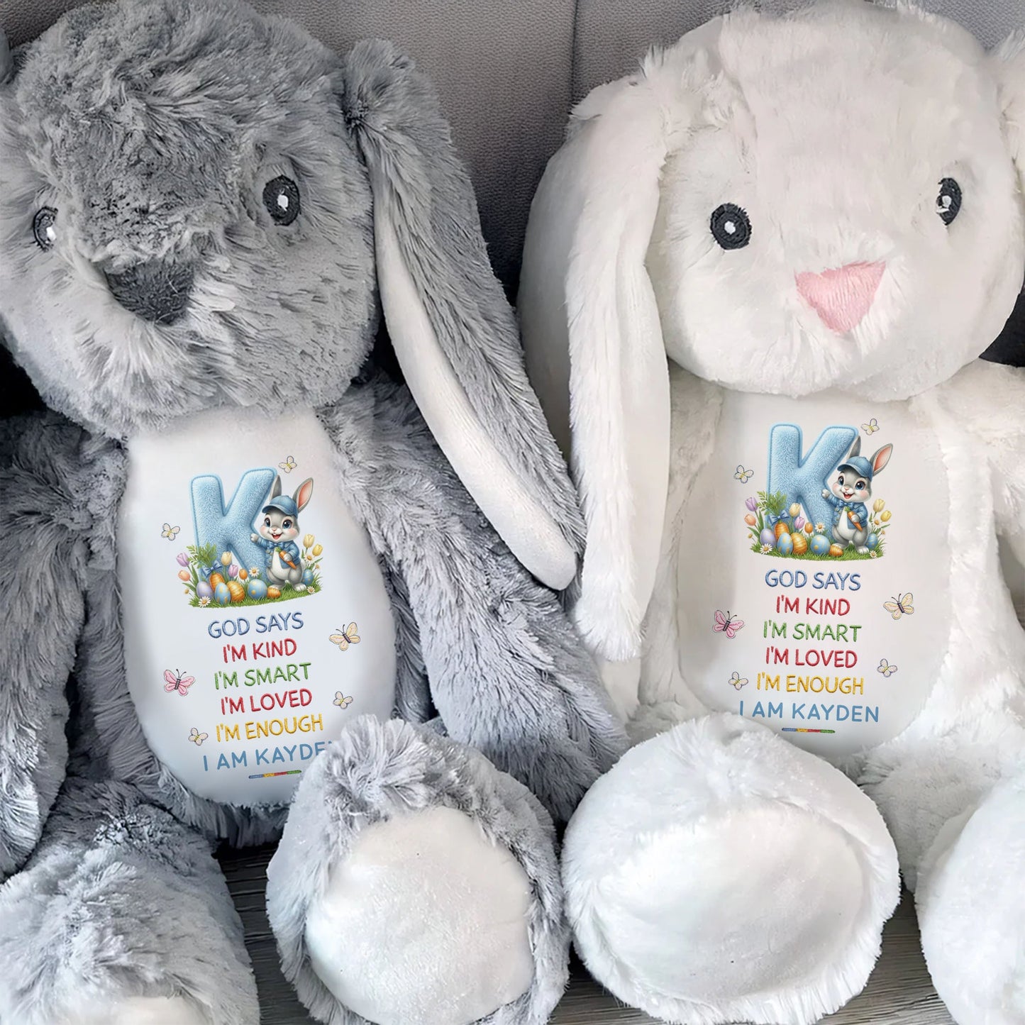 God Says I Am Kind Smart Loved Enough With Easter Bunny And Eggs - Personalized Stuffed Bunny - KID613_BUN