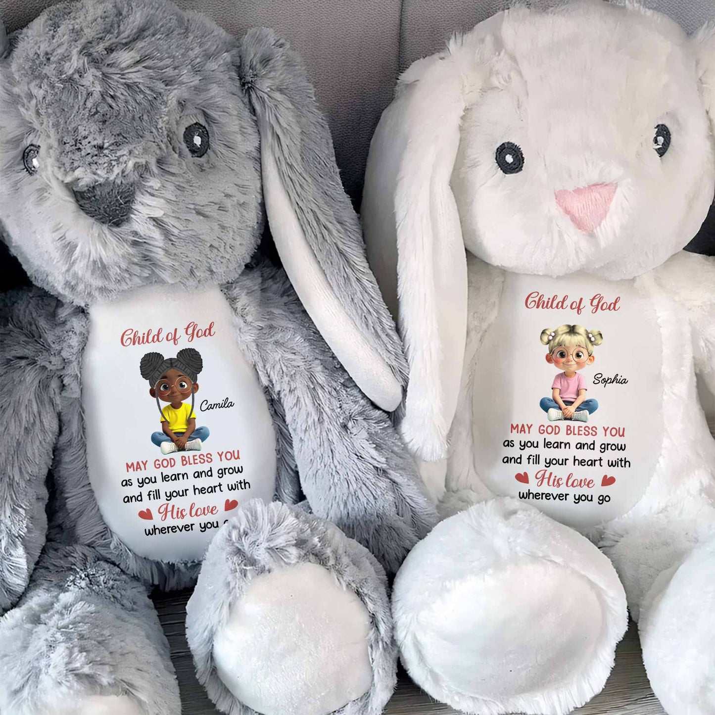 Child of God May God Bless You With Girl and Hearts - Personalized Stuffed Bunny - KID618_BUN