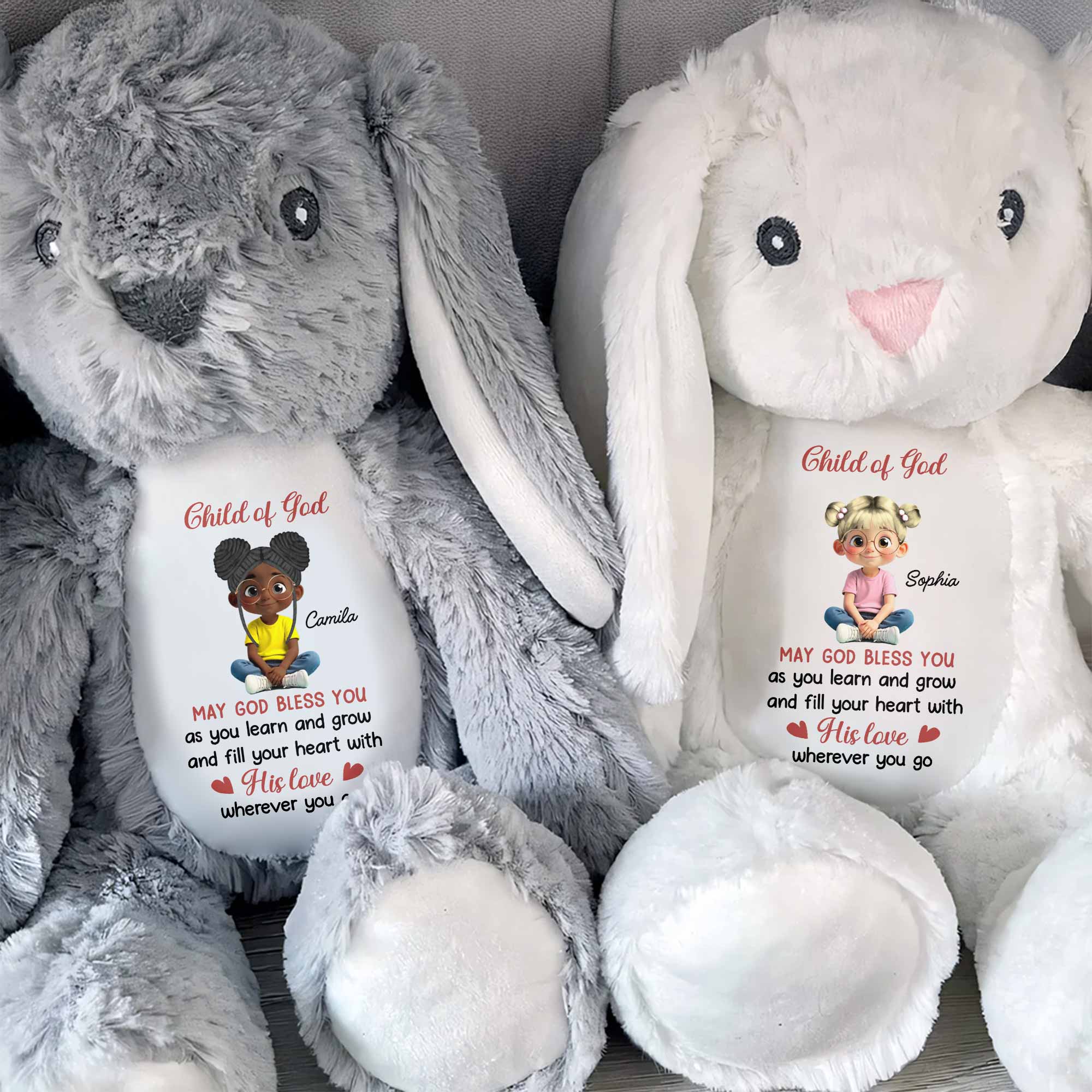Child of God May God Bless You With Girl and Hearts - Personalized Stuffed Bunny - KID618_BUN