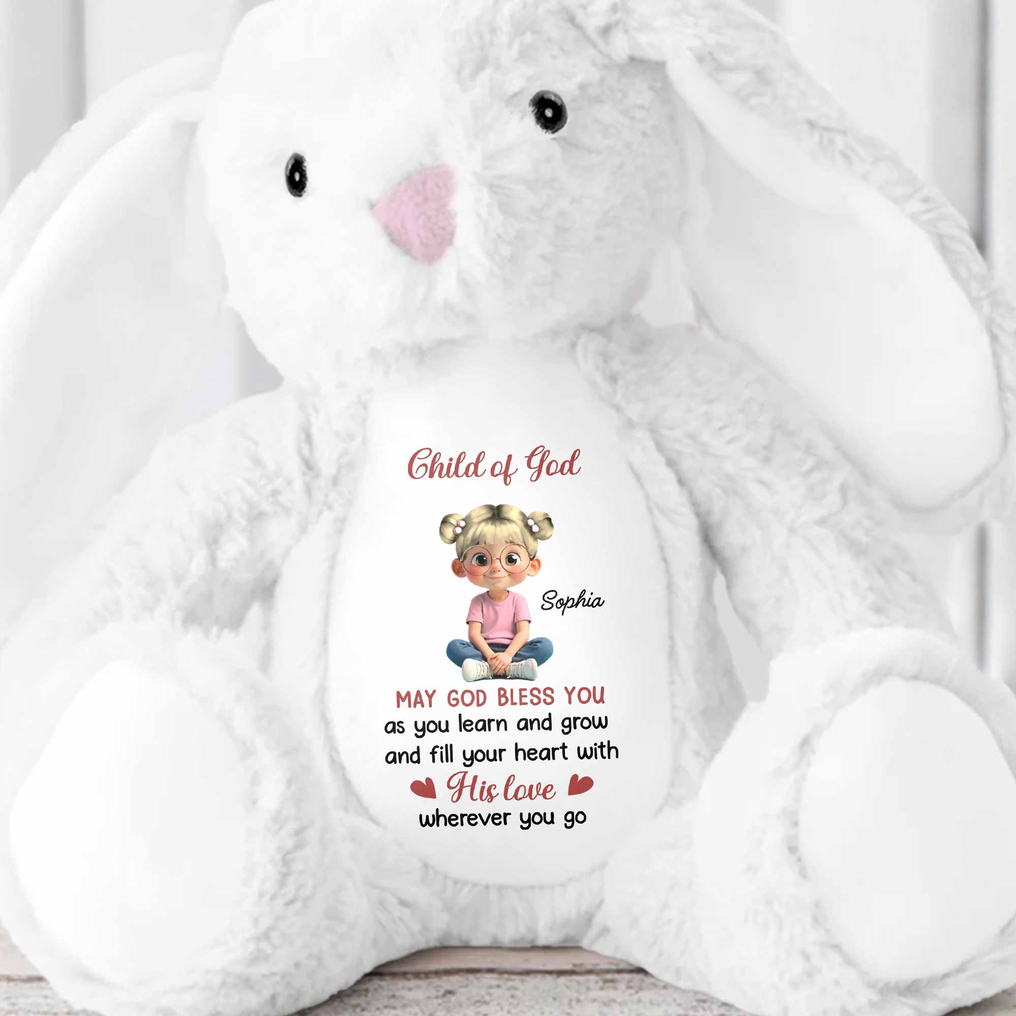 Child of God May God Bless You With Girl and Hearts - Personalized Stuffed Bunny - KID618_BUN
